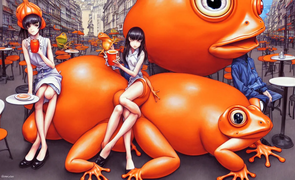 Image similar to a French girl in a café with a giant orange frog. insanely and epically detailed supreme-quality color ink pen artwork, amazingly composed image, illustrated by Range Murata and Artgerm and Stanley Law.