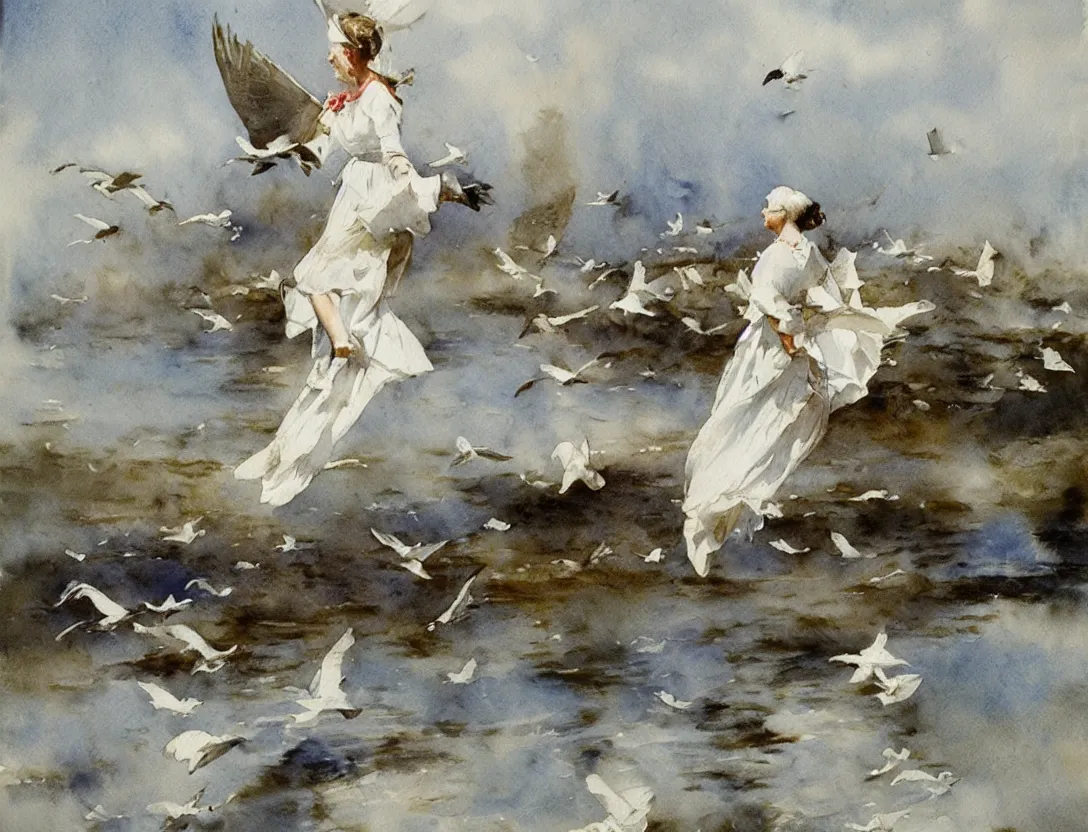 Image similar to watercolor by anders zorn, flying birds, water, white dress, windmill