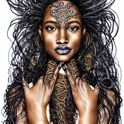 Image similar to portrait of an enchanted being, half human half divine african american goddess of chill, ultra detailed, ornate, organic, haute couture black roses and seaweed, under water, full body, upper light, symmetrical face, hyperrealistic