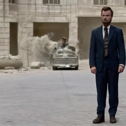 Image similar to kurdish capitalist wearing a suit, dressed smart, in a movie directed by christopher nolan, movie still frame, promotional image, imax 7 0 mm footage