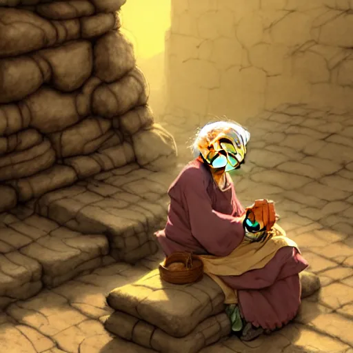 Image similar to concept art, an old woman merchant sitting against a stone wall wearing a backpack piled high with textiles, earth tones, dust particles in the air, early morning golden light, in the style of yoshitaka amano W 704