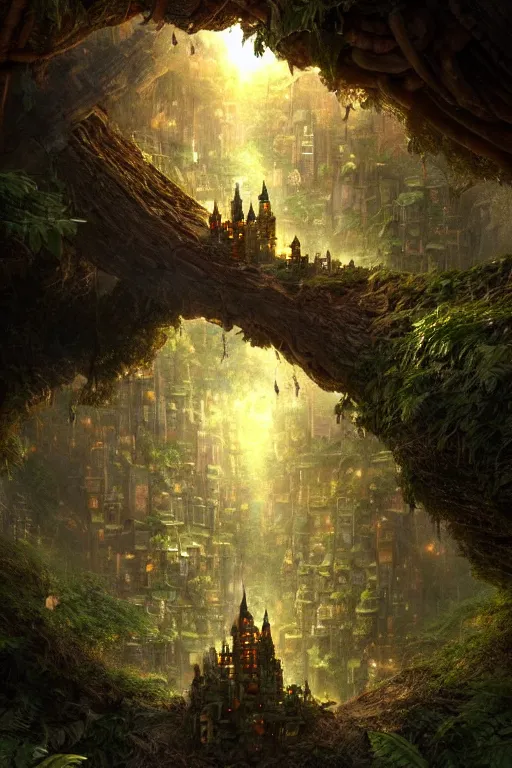 Image similar to a miniature city built into the trunk of a single colossal tree in the forest, with tiny people, in the style of craig mullins, lit windows, close - up, low angle, wide angle, awe - inspiring, highly detailed digital art