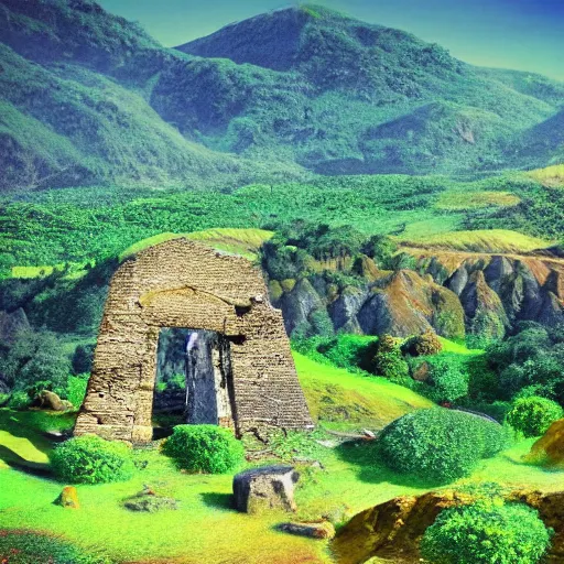 Image similar to the most beautiful and lush landscape in the universe, colorful mountains and green hills, ruined building and ancient civilizations, realistic lighting