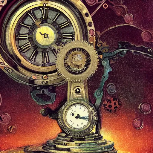 Prompt: Mechanical gear,Rose twining,clock,prayer,out of time and space,dreamy, eternity, romantic, epic, artstation, highly detailed, in the style of Monet