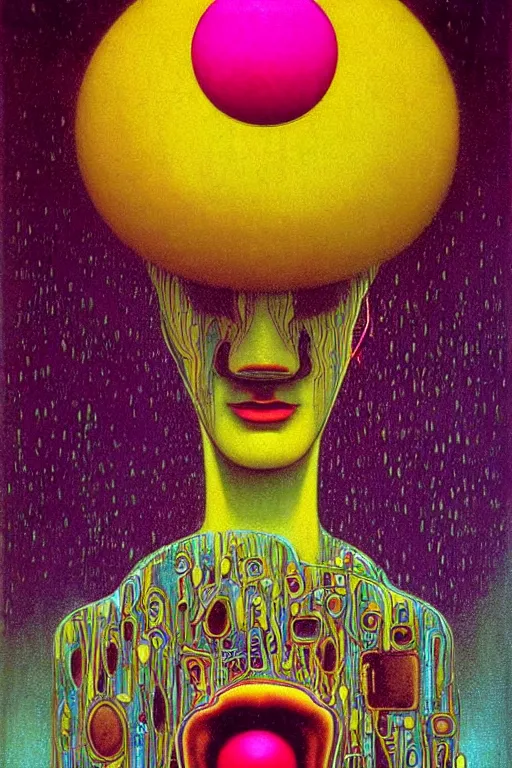 Prompt: 8 0 s art deco close up portait of mushroom head with big mouth surrounded by spheres, rain like a dream oil painting curvalinear clothing cinematic dramatic cyberpunk fluid lines otherworldly vaporwave interesting details epic composition by basquiat zdzisław beksinski james jean artgerm rutkowski moebius francis bacon gustav klimt