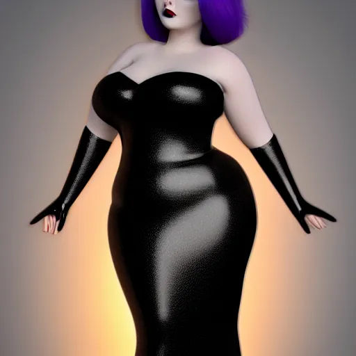 Image similar to curvy feminine hot goth cutie in a sublime elegant polished sequined white latex neck-high or tube-top floor length gown with purple accents, thin waist, cgsociety, photorealistic, comfy ambience, idealistic, 16k, smooth, sharp focus, trending on ArtStation, volumetric lighting, fully clothed, worksafe