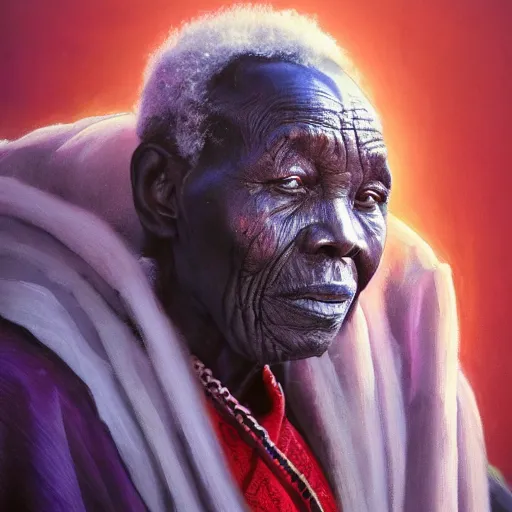 Prompt: a painting of a wise elder from Kenya. dramatic angle, ethereal lights, details, smooth, sharp focus, illustration, realistic, cinematic, artstation, award winning, rgb , unreal engine, octane render, cinematic light, macro, depth of field, blur, red light and clouds from the back, highly detailed epic cinematic concept art CG render made in Maya, Blender and Photoshop, octane render, excellent composition, dynamic dramatic cinematic lighting, aesthetic, very inspirational, arthouse.