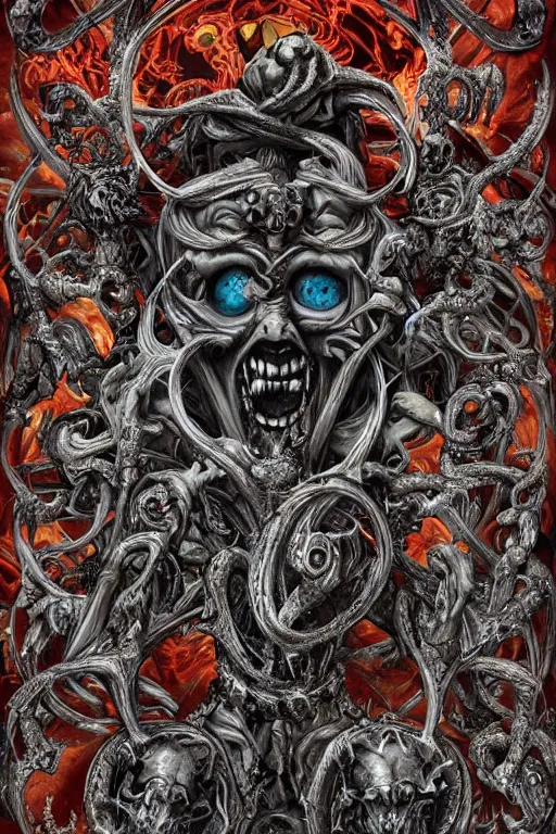 Image similar to the seven deadly sins, horror art, grotesque, zbrush art, majestic, silver filigree, colorful, dark fantasy, celtic knot, anatomical, h r giger style, frank frazetta, ornate, art nouveau, symmetrical, turquoise jewelry, red smoke insanely detailed and intricate, hypermaximalist, elegant, ornate, hyper realistic, super detailed