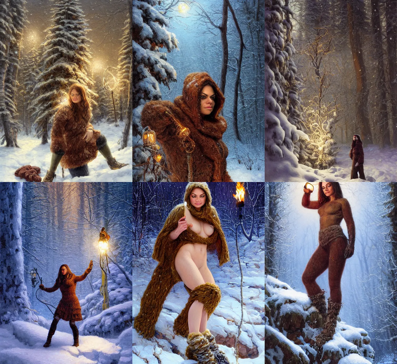 Prompt: winter scene, portrait of muscled Mila Kunis standing in deep snow wearing warm wooly clothing, fantasy, fireflies, torch light, scary creatures in background, intricate, elegant, highly detailed, centered, smooth, sharp focus, Donato Giancola, Joseph Christian Leyendecker, WLOP, Boris Vallejo, Artgerm