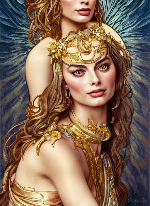 Image similar to Margot Robbie as a Greek Goddess, beautiful detailed eyes, cute, fantasy, intricate, elegant, highly detailed, digital painting, 4k, HDR, concept art, detailed jewelry, smooth, sharp focus, illustration, art by Artgerm, H R Giger and Alphonse Mucha