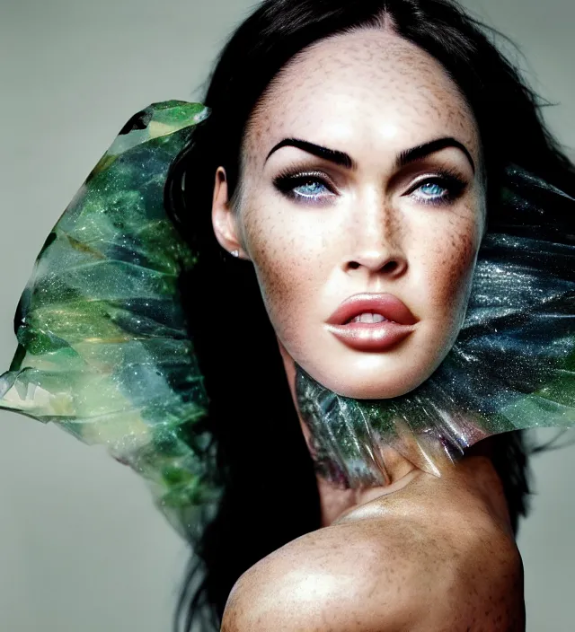 Prompt: photography facial portrait of megan fox, natural background, natural pose, wearing one organic futurist cape from iris - van - herpen, with a subtle colorfull - makeup. highly detailed, skin grain detail, photography by paolo roversi, nick knight, helmut newton, avedon, araki