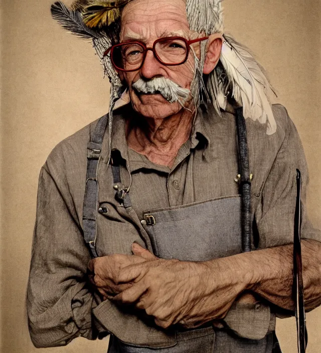 Prompt: full - length full shot photo of an old wizened stooped man wearing glasses and shapeless long grey overalls which cover his ankles with his feather duster under his left arm octane render, highly detailed by giuseppe arcimboldo alan lee james gurney