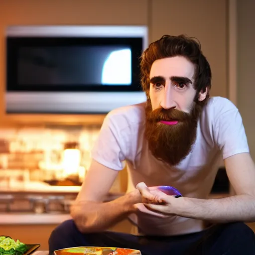 Image similar to picture of asmongold watching tv while cooking a meal, good lighted photo, sharp details, detailed, hd, hdr