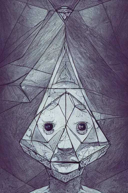 Image similar to portrait of triangle and dragon shaped head with single centered giant diamond eye, in the style of Greg Broadmore and Arthur Rackham,trending on artstation, light lighting side view,digital art,surrealism ,macro,blueprint ,vaporwave ,