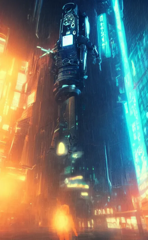 Image similar to professional photo of astronaut looking in the camera from low angle shot, cyberpunk background, blade runner, hyperrealistic masterpiece, trending on artstation, cgsociety, kodakchrome, golden ratio, cinematic, composition, beautiful lighting, hyper detailed, sharp focus, octane render, 4 k, unreal engine