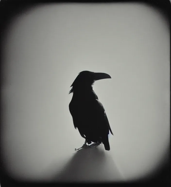 Prompt: wide angle, dark old polaroid of a ethereal raven bird, being illuminated by few sun rays, black and white