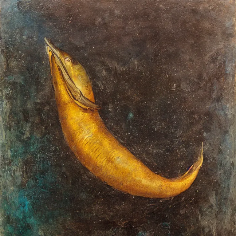 Prompt: Hyperrealistic Studio wet collodion Photograph portrait of a deep sea pelican Eel deep underwater in darkness, award-winning nature deep sea expressionistic impasto oil painting by Cy Twombly and Tim Hawkinson vivid colors hyperrealism 8k