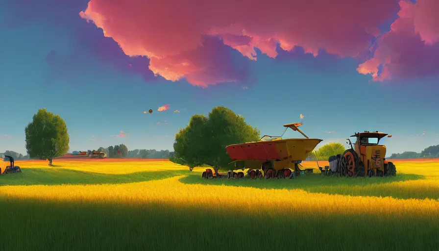 Image similar to colourful sky, wheat field, distant combine harvesters, big trees, matte painting, art station, digital art, simon stalenhag