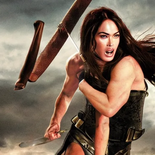 Image similar to the greek goddess athena in battle, scene from live action movie, starring megan fox