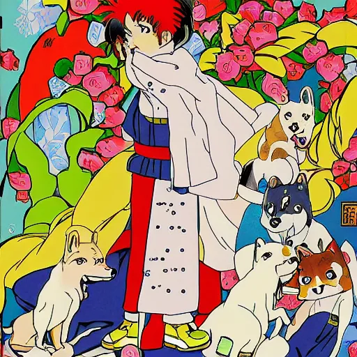 Prompt: shiba inu, 9 0 s anime style by akira kito, by naoya hatakeyama