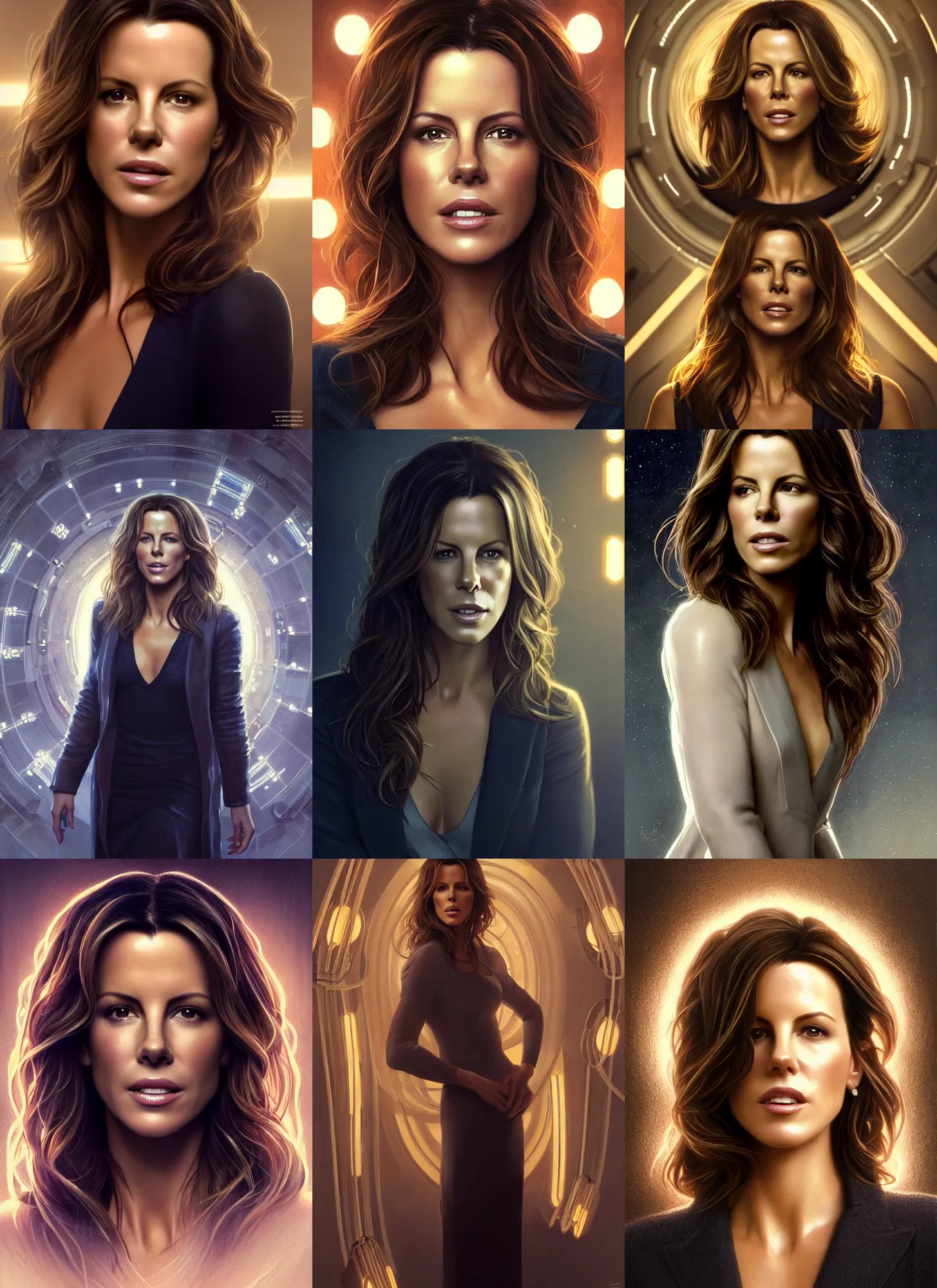 Prompt: portrait of kate beckinsale as jeff daniels in newsroom, telling evening news, tv on spacestation, intricate, elegant, glowing lights, highly detailed, digital painting, artstation, glamor pose, concept art, smooth, sharp focus, illustration, art by wlop, alphonse mucha and greg rutkowski