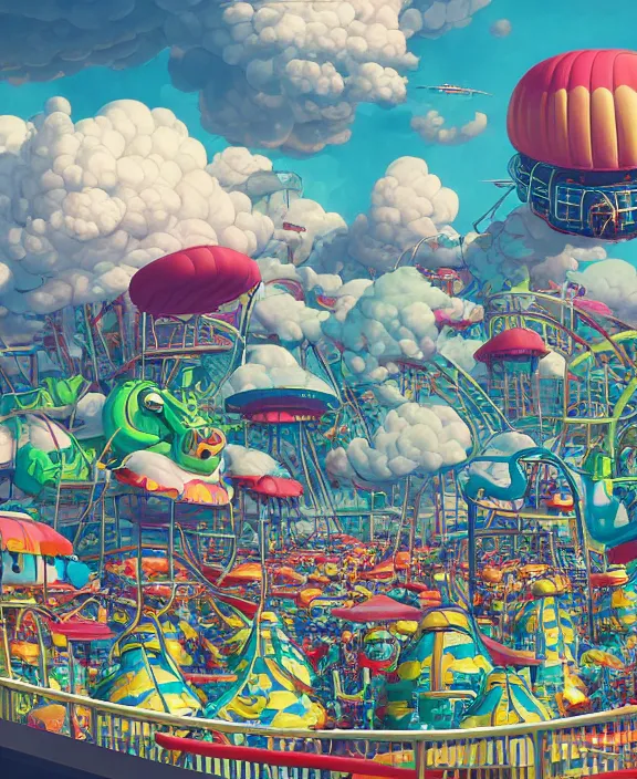 Image similar to a puffy inflated amusement park made out of fat seamless alien snakes, in the style of an aerodynamic obese robot, overgrown with thick orchids, partly cloudy, somber, dramatic lighting, by dan mumford, yusuke murata, makoto shinkai, ross tran, cinematic, unreal engine, cel shaded, featured on artstation, pixiv