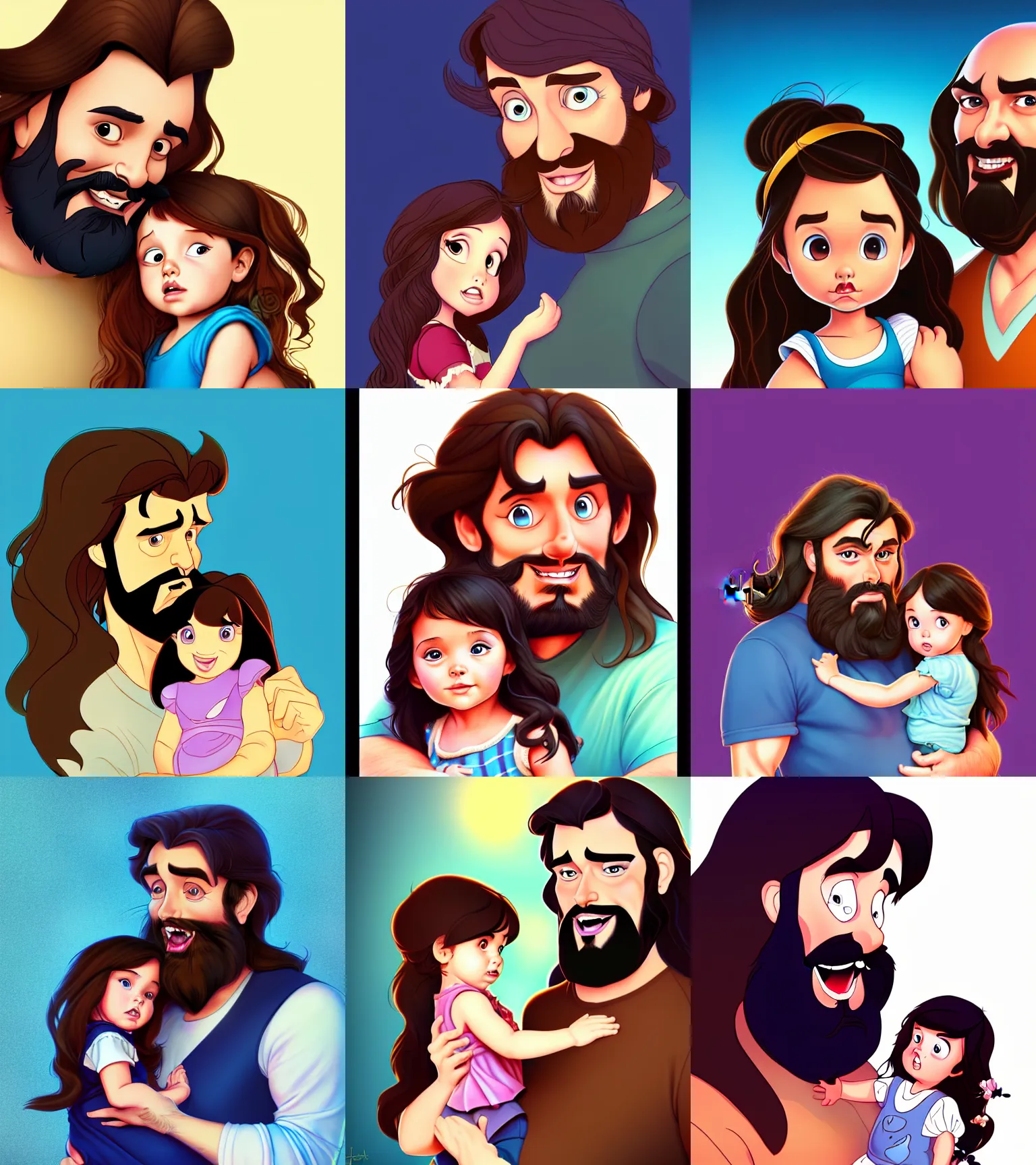 Image similar to a long - haired bearded father and his brunette child toddler girl full color digital illustration in the style of don bluth, artgerm, artstation trending, 4 k