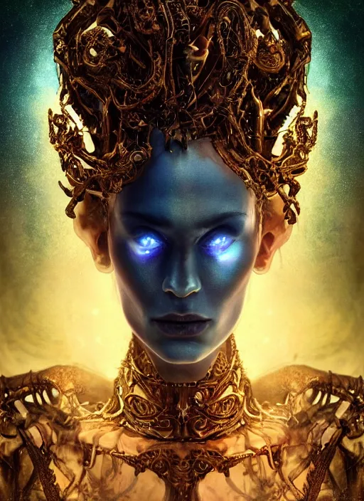 Prompt: epic portrait of menacing, anxious, agitated yet stunningly beautiful biomechanical djinn the terrifying demigod of creation with azure glare overseeing the iridescent fabric of the universe, by charlie bowater, mandy jurgens, gustav klimt, octane render, dramatic camera angle, 4k, 8k, high detail, HDR, by tom bagshaw, powerful, with inspiration from Beksinski, inspired by greek goddess Athena