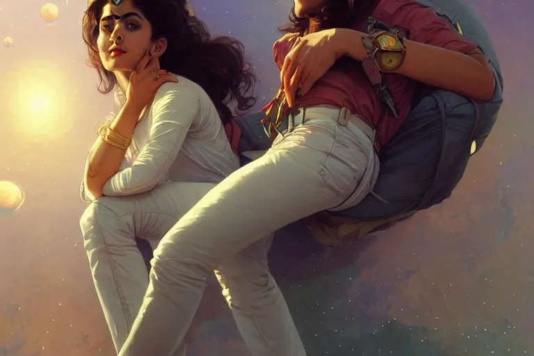 Image similar to Sensual good looking pale young Indian doctors wearing jeans in a space station above Earth, portrait, elegant, intricate, digital painting, artstation, concept art, smooth, sharp focus, illustration, art by artgerm and greg rutkowski and alphonse mucha