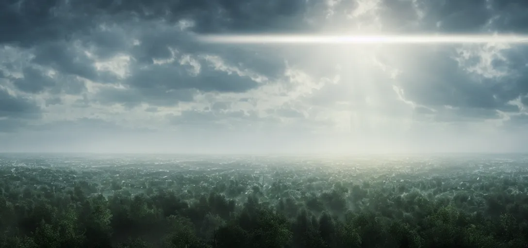 Image similar to beautiful view from the top of a forest looking out into the white city in the distance, a mystical atmosphere, dappled light, reflections, light rays. refraction, symmetry, cinematic lighting, ultra detailed, sharp, ambient occlusion, bloom, raytracing, by dylan cole, sebastian meyer and jordan grimmer