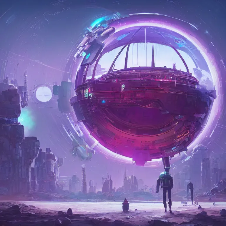 Prompt: a circle portal structure floating in outer - space, cyberpunk, epic surrealism, indigo, purple, cyan, detailed digital matte painting in the style of simon stalenhag and painting by ralph mcquarrie