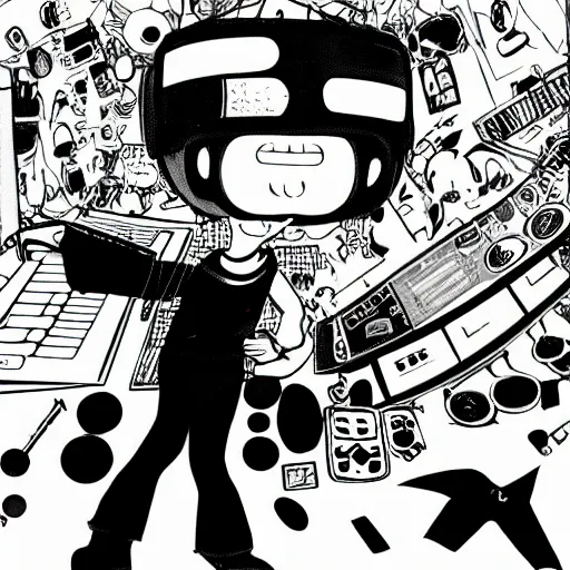 Image similar to goth computer nerd in a cluttered room wearing a vr headset, by jamie hewlett, anime,