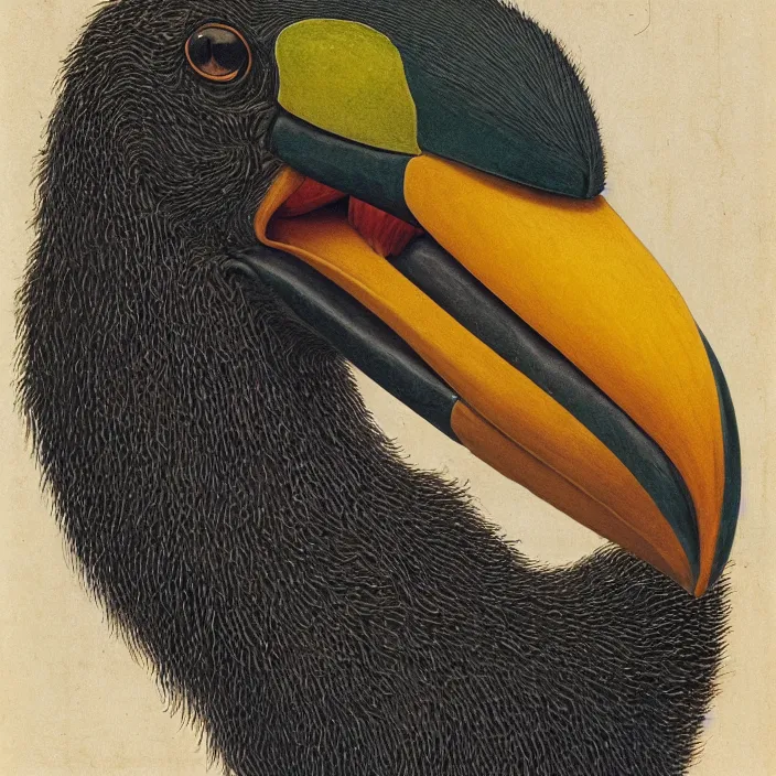 Prompt: close up portrait of a mutant monster creature with exotic toucan beak, twenty arachnid eyes, fair skin tone. by jan van eyck, walton ford