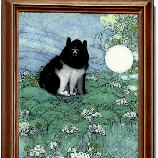 Image similar to an akita inu sitting in a moonlit palace garden, by warwick goble and kay nielsen