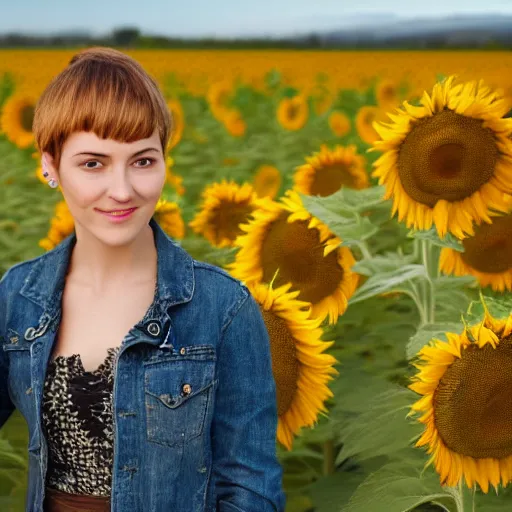 Image similar to highly detailed portrait of a young woman with pixie cut hairstyle in a field of sunflowers, sunny day, HD