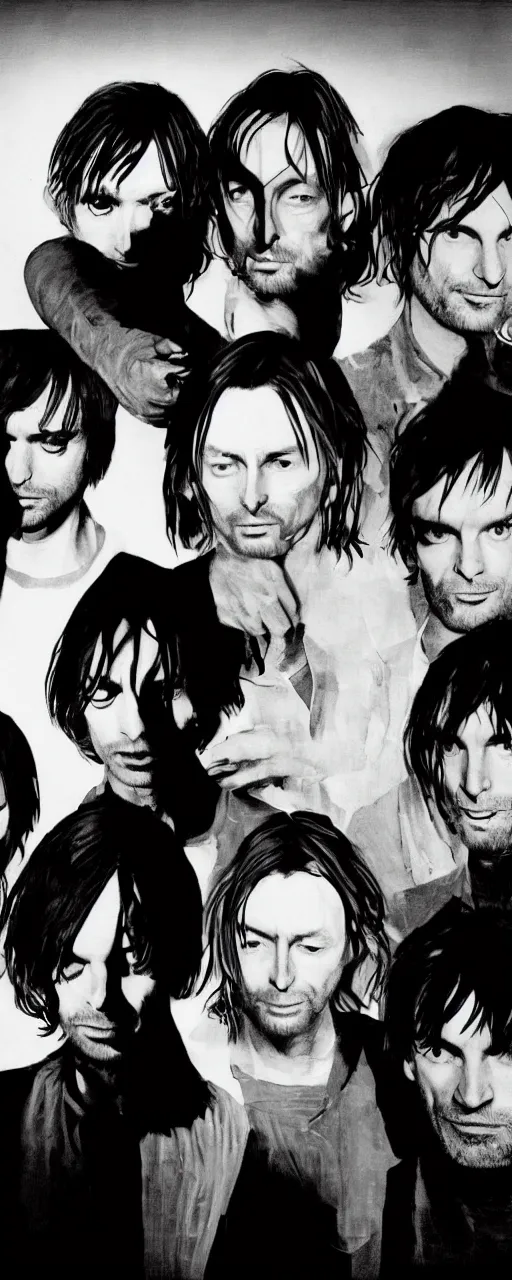 Image similar to disco diffusion portrait of Thom Yorke, Jonny Greenwood, Ed O'Brien, Colin Greenwood, Philip Selway, hiding in the bushes looking shifty