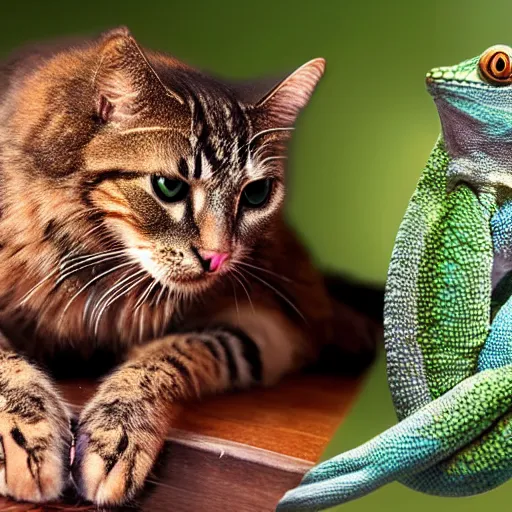 Image similar to photo of a cat and chameleon best friends