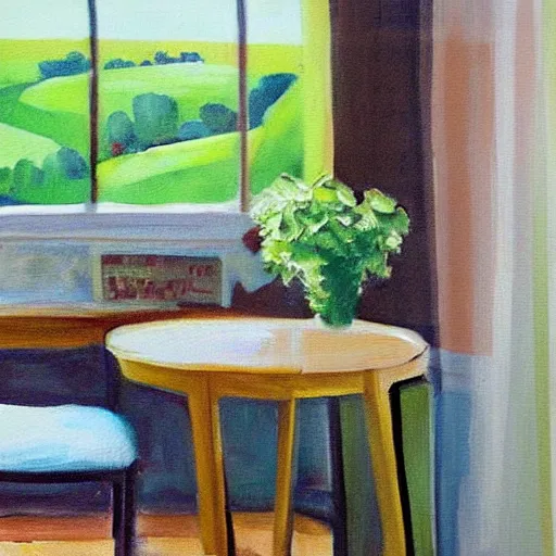 Image similar to “ nostalgic painting of a breakfast table with a steaming cup of coffee and a newspaper. the window behind it shows a green idyllic hill with a road on it, and families walking to school. realistic style. ”