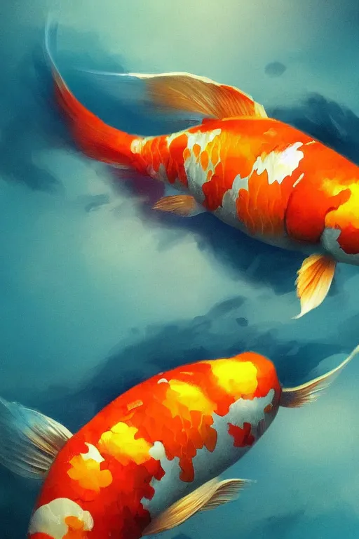 Image similar to lonely koi carp, colorful, blue backgroung,clean, joyful, close-up portrait, intricate, elegant, volumetric lighting, scenery, digital painting, highly detailed, artstation, sharp focus, illustration, concept art, ruan jia, steve mccurry