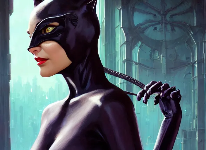 Image similar to highly detailed portrait of catwoman, stephen bliss, unreal engine, art by greg rutkowski, loish, rhads, ferdinand knab, makoto shinkai and lois van baarle, ilya kuvshinov, rossdraws, tom bagshaw, global illumination, radiant light, detailed and intricate environment