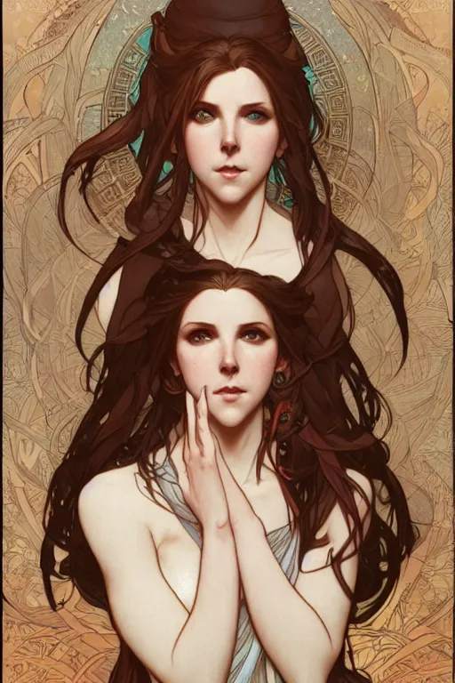 Image similar to goddess who looks like anna kendrick, by Krenz Cushart and Artem Demura and Alphonse Mucha, amazing detail, stunning lines, flat colors, 4K, character design, concept art