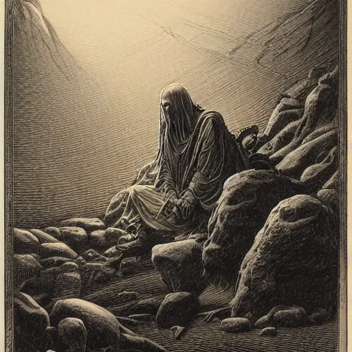 Image similar to etching by Franklin Booth and Gustav Doré showing frightened sorcerer in the desert by night, surrounded by nightmares in the shadows, mystic athmosphere, by Greg Rutkowski, deformed rocks, snakes, scorpions, UHD, 8K,