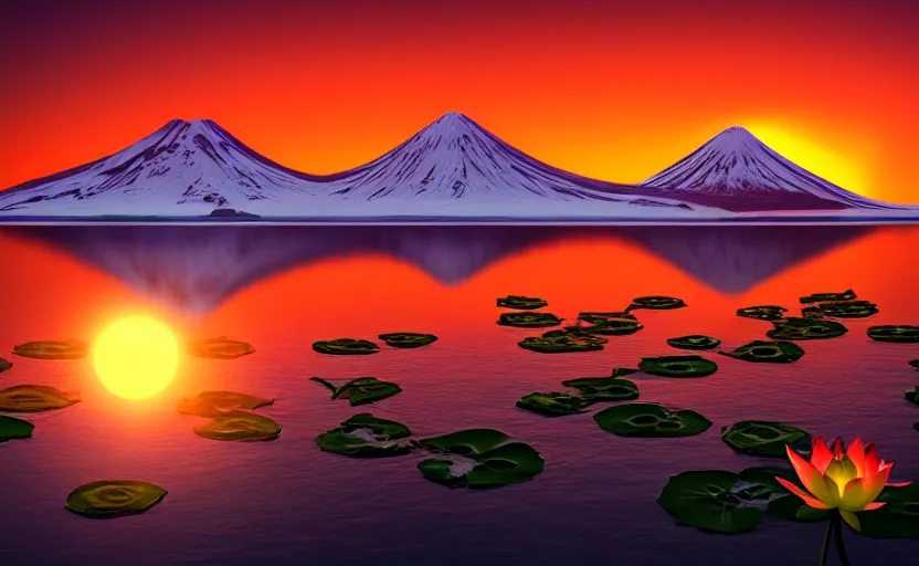 Prompt: professional photo of a snow topped volcano lit by the sunset, lotus flowers on the water, artstation, smooth light