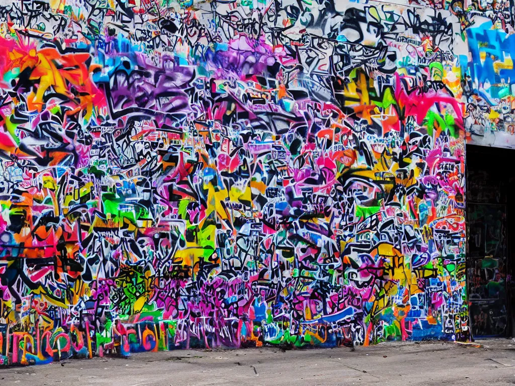 Prompt: photo of black cathedral covered in colorful graffiti