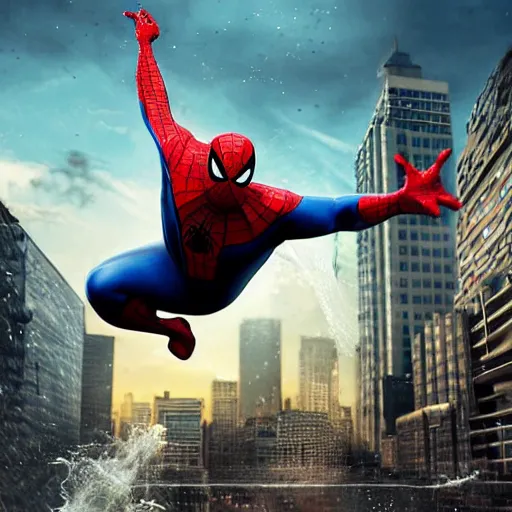 Image similar to fat spider - man falling into a large pool in the middle of a busy city, ultra realistic, hd, 8 k