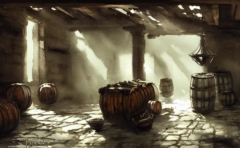 Prompt: inverted colors, watercolor painting of rustic ruin cellar, wooden crates, barrels, stone walls, lantern, very beautiful ambient lighting, sun rays, dust, art by anders zorn, wonderful masterpiece by greg rutkowski, cinematic light, american romanticism by greg manchess, creation by tyler edlin