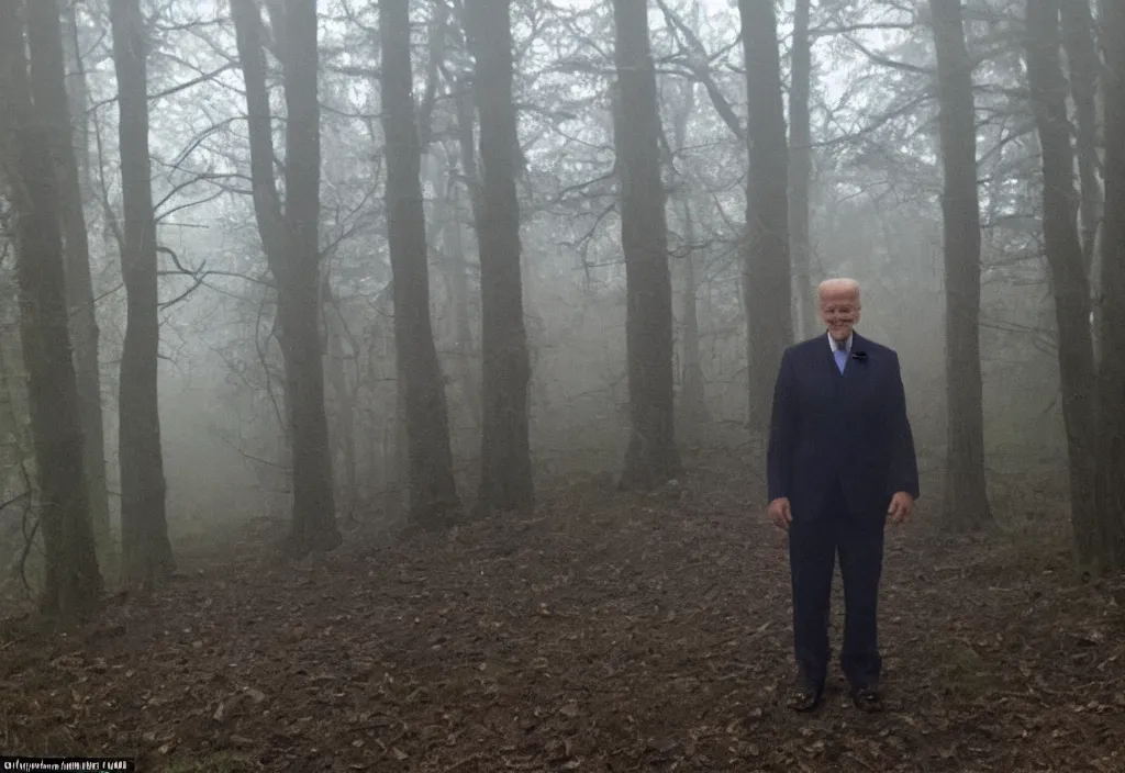 Image similar to low quality iphone photo of joe biden standing ominously deep in the foggy woods with a demonic smile in his face, low visibility creepy, grainy, trail cam footage