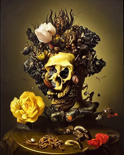 Image similar to refined gorgeous blended oil painting with black background by christian rex van minnen rachel ruysch dali todd schorr of a chiaroscuro portrait of an extremely bizarre disturbing mutated man made of still life flowers and rubber insects with shiny skin acne dutch golden age vanitas intense chiaroscuro cast shadows obscuring features dramatic lighting perfect symmetry perfect composition masterpiece