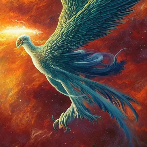 Prompt: a fantasy phoenix flying through nebulous space, artstation, digital art, 4k, hyper realism, high detail, by Esao Andrews and Karol Bak and Zdzislaw Beksinsk