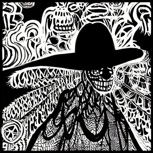 Prompt: “psychedelic nightmare Benadryl trip psychosis spiders, shadow people, the hat man, hallucinations, delirium”